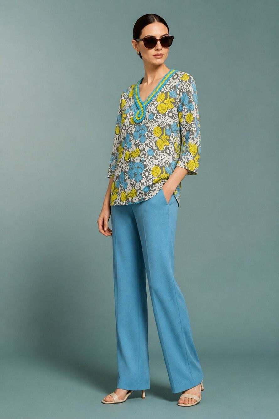 Boden Multicolor Floral Braided V-Neck Tunic Top Womens Size 8